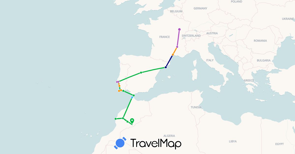 TravelMap itinerary: driving, bus, train, boat, hitchhiking in Spain, France, Morocco, Portugal (Africa, Europe)
